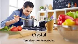  Presentation with dance - Slide set with dinner dance - cooking woman in kitchen background and a coral colored foreground