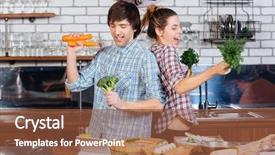  Presentation with young happy couple - PPT theme featuring dinner dance - happy young couple cooking background and a tawny brown colored foreground