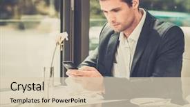  Presentation with phone meeting - Cool new PPT theme with dinner meeting - handsome man with mobile phone backdrop and a  colored foreground