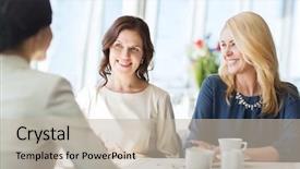  Presentation with women meeting - Audience pleasing PPT theme consisting of dinner meeting - people communication and lifestyle concept backdrop and a mint green colored foreground