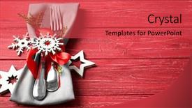  Presentation with golden christmas trumpet and red - Theme enhanced with dinner menu - beautiful christmas table setting background and a red colored foreground