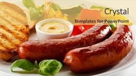  Presentation with sausages - PPT theme featuring dinner menu - grilled sausages and vegetables background and a yellow colored foreground