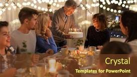  Presentation with dinner party - Presentation design enhanced with dinner party and celebration concept - happy family with cake celebrating grandmothers birthday at home background and a tawny brown colored foreground