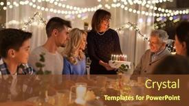  Presentation with happy birthday cake - Colorful presentation design enhanced with dinner party and celebration concept - happy family with cake celebrating grandfathers birthday at home backdrop and a tawny brown colored foreground