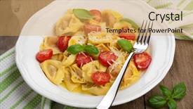  Presentation with cheese - Presentation theme consisting of dinner plate - tortellini with cheese and tomatoes background and a yellow colored foreground
