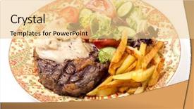  Presentation with potato chips - Presentation theme having dinner plate of grilled rib-eye beef steak served with mushroom sauce salad and potato chips background and a lemonade colored foreground