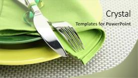  Presentation with empty - Slide deck consisting of dinner set - green empty plates with fork background and a soft green colored foreground