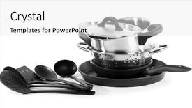  Presentation with kitchen tools and equipment - PPT layouts with dinner set - kitchen tools isolated on white background and a white colored foreground