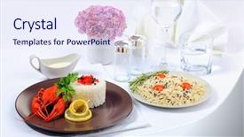 Presentation with clean water - Audience pleasing PPT theme consisting of dinner table dished up with boiled crawfish rice and clean water backdrop and a sky blue colored foreground