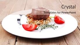  Presentation with noodles - Audience pleasing theme consisting of grilled beef fillet medallions on noodles with tomatoes and thyme twigs on white plate over wood backdrop and a lemonade colored foreground