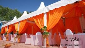  Presentation with summer event - Theme featuring colorful event - summer cafe under awning background and a red colored foreground
