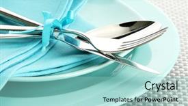  Presentation with empty stage blue curtain - Presentation theme enhanced with dinner wares - blue empty plates with fork background and a light blue colored foreground
