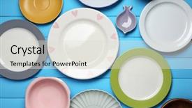  Presentation with tableware - Theme having dinner wares - different tableware on wooden background background and a sky blue colored foreground