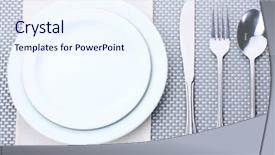  Presentation with spoon - PPT theme consisting of dinner wares - white empty plates with fork background and a sky blue colored foreground