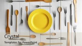  Presentation with cutlery - Colorful slide set enhanced with dinning - plate and cutlery on white backdrop and a mint green colored foreground