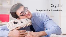  Presentation with dinosaur - Presentation design featuring dianousaurs - funny crazy professor studying dinosaur background and a light gray colored foreground