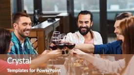  Presentation with dining restaurant - Colorful PPT theme enhanced with dinosaurio - friends dining and drinking wine backdrop and a coral colored foreground