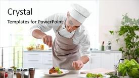  Presentation with cook chef - Presentation theme with dinosaurio - young chef cook decorating meat background and a cool aqua colored foreground