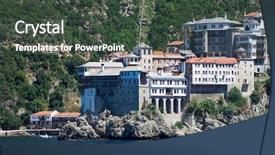  Presentation with monastery - Colorful presentation theme enhanced with dionissiou monastery athos peninsula mount backdrop and a dark gray colored foreground