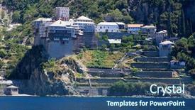  Presentation with monastery - Presentation theme enhanced with dionissiou monastery athos peninsula mount background and a ocean colored foreground