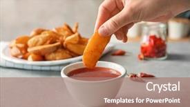  Presentation with chili - Slides having dip - person dipping fried potato background and a coral colored foreground