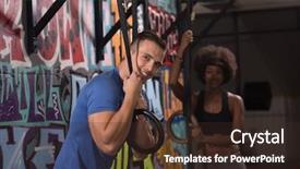  Presentation with dip - Amazing slide set having dip ring young man and african american woman relaxed after workout at gym dipping exercise backdrop and a tawny brown colored foreground