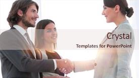  Presentation with shaking hands - Audience pleasing presentation design consisting of diplomacy - businesspeople shaking hands against room backdrop and a lemonade colored foreground