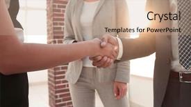  Presentation with shaking hands - Colorful PPT theme enhanced with diplomacy - businesspeople shaking hands against room backdrop and a coral colored foreground