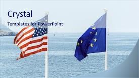  Presentation with diplomacy - Colorful theme enhanced with diplomacy - eu and us flags backdrop and a sky blue colored foreground