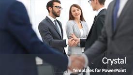  Presentation with diplomacy - Colorful PPT theme enhanced with diplomacy - two businessmen shaking hands backdrop and a dark gray colored foreground