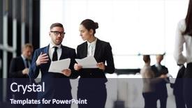  Presentation with female journalist at press conference - Colorful presentation theme enhanced with diplomat - businessman with papers consulting backdrop and a  colored foreground