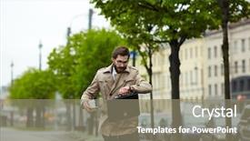  Presentation with interview - Beautiful PPT layouts featuring diplomat - busy man looking at watch backdrop and a  colored foreground