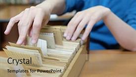  Presentation with library - Colorful presentation theme enhanced with dipository library - librarian woman searches something backdrop and a coral colored foreground