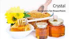  Presentation with honey - Theme consisting of dipper and natural flower pollen background and a sky blue colored foreground