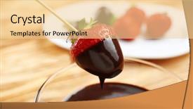  Presentation with chocolate strawberry - Amazing PPT theme having dipping into bowl with chocolate backdrop and a blonde colored foreground