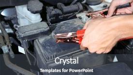  Presentation with electric car charging battery cells - PPT theme featuring direct current motor - car mechanic uses battery jumper background and a dark gray colored foreground