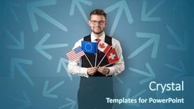  Presentation with flag - Slides having direct integration - cheerful elegant boy standing background and a ocean colored foreground