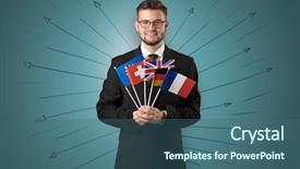  Presentation with flag - Presentation theme featuring direct integration - smiling young man standing background and a ocean colored foreground