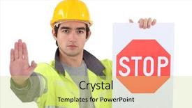 Presentation with road stop sign - Audience pleasing presentation design consisting of direct labor - road worker holding a stop backdrop and a yellow colored foreground