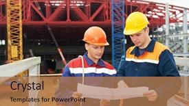  Presentation with mechanical engineering engineer tools - Colorful presentation theme enhanced with direct labor - two engineer builders labours backdrop and a coral colored foreground