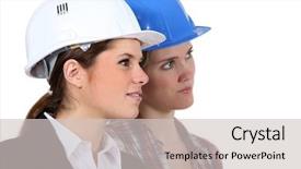  Presentation with construction women - Colorful PPT theme enhanced with direct labor - women construction workers backdrop and a  colored foreground