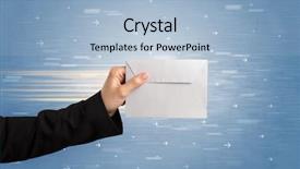  Presentation with empty stage blue curtain - Slide deck having direct mail - female hand holding empty background and a light blue colored foreground