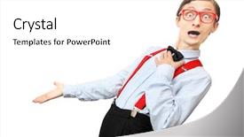  Presentation with service product design proposal - Audience pleasing presentation theme consisting of direct marketing - funny guy showing your product backdrop and a white colored foreground