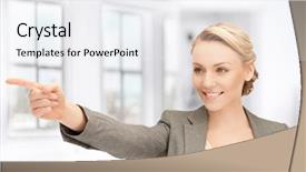  Presentation with finger - Slide set consisting of direct marketing - picture of attractive businesswoman pointing background and a sky blue colored foreground