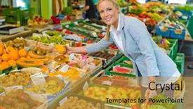  Presentation with direct marketing - Slide set having direct marketing - young woman buys fruits background and a gold colored foreground