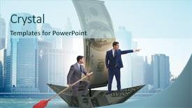  Presentation with partnership - PPT theme consisting of business partnership with businessmen sailing on dollar boat background and a cool aqua colored foreground