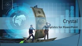  Presentation with partnership - Beautiful presentation featuring business partnership with businessmen sailing on dollar boat backdrop and a light blue colored foreground