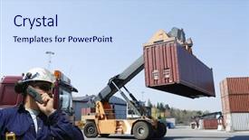  Presentation with container port - Slide deck featuring directing large forklifts stacking container background and a sky blue colored foreground