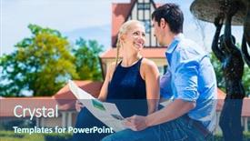  Presentation with people helping each teamwork couple - Cool new PPT layouts with directing others - happy couple looking at each backdrop and a ocean colored foreground