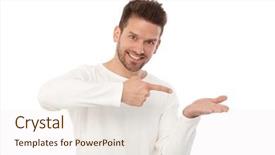  Presentation with hold hand - Beautiful PPT theme featuring directing others - happy young man pretending backdrop and a sky blue colored foreground